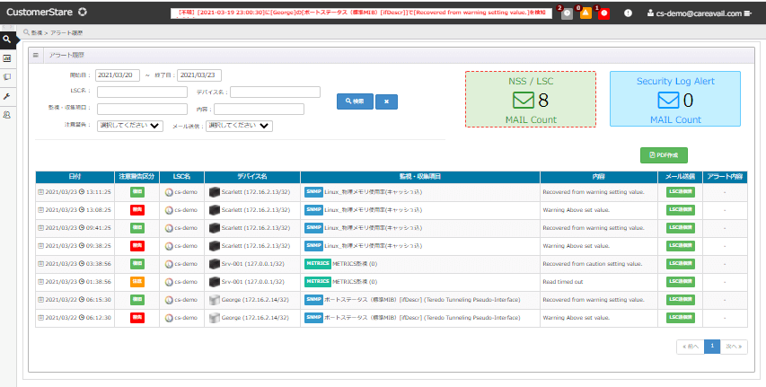 CustomerStare　アラート一覧画面